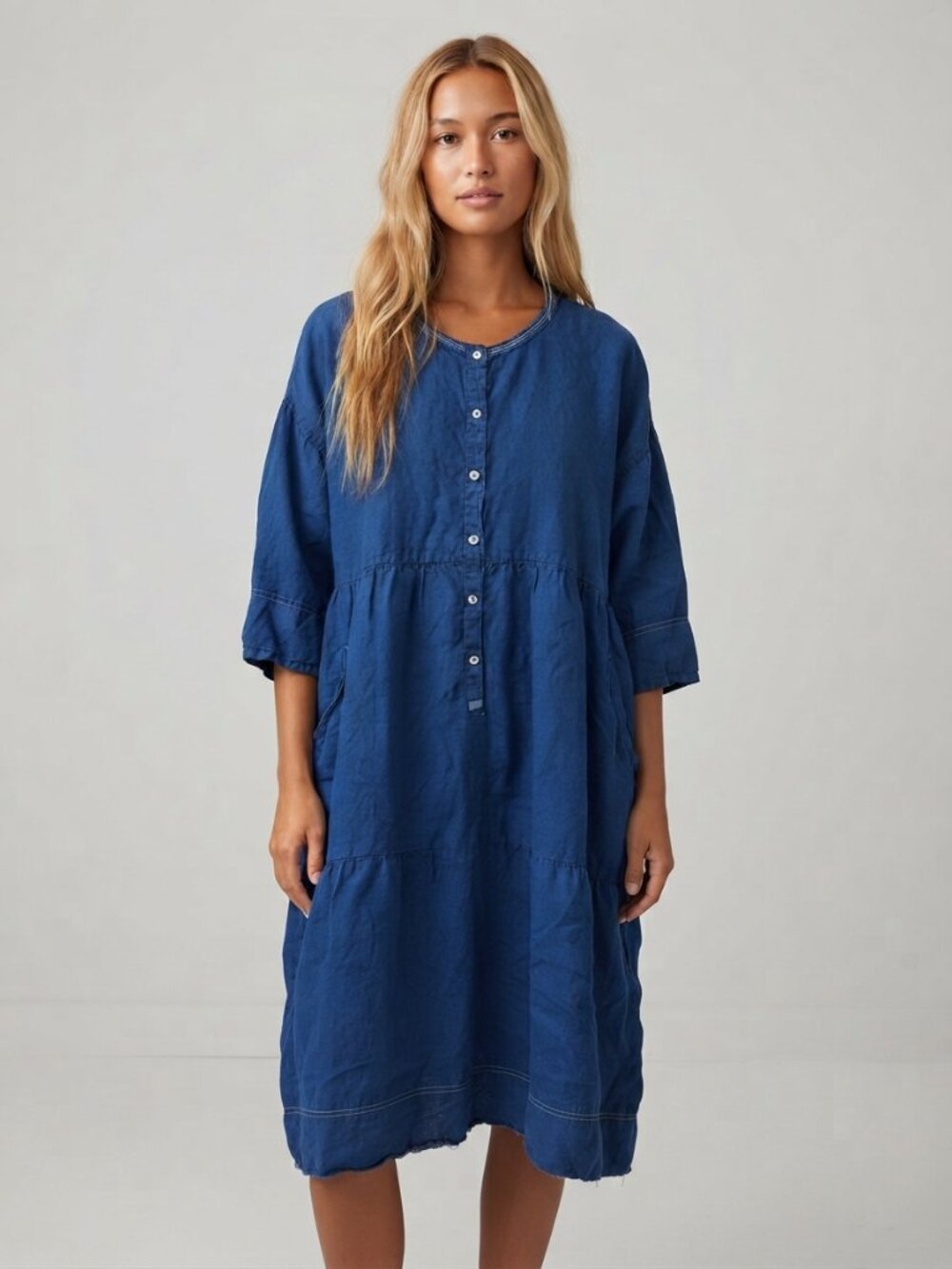 Gudrun Sjoden Blue Button Front Organic Linen Midi Dress Large 8998